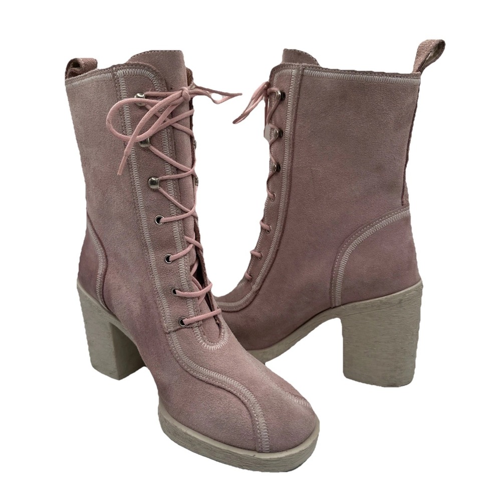 Euro Club Vintage Lace Up Granny Boots Rawhide Powder Pastel Pink Suede Sz 37